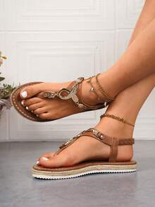 Women's Flat Linen Rope Thong Slip-On Round Toe Flat Sandals, Hollow Out Open Toe Non-Slip Flat Sandals, Outdoor Flat Women Flip Flops - Brown - View 8
