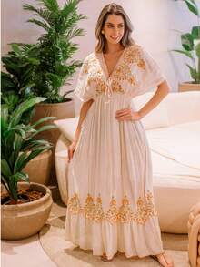 Boho Chic Long Dress With Batwing Sleeves 03-08 - Naranja - Ver 1