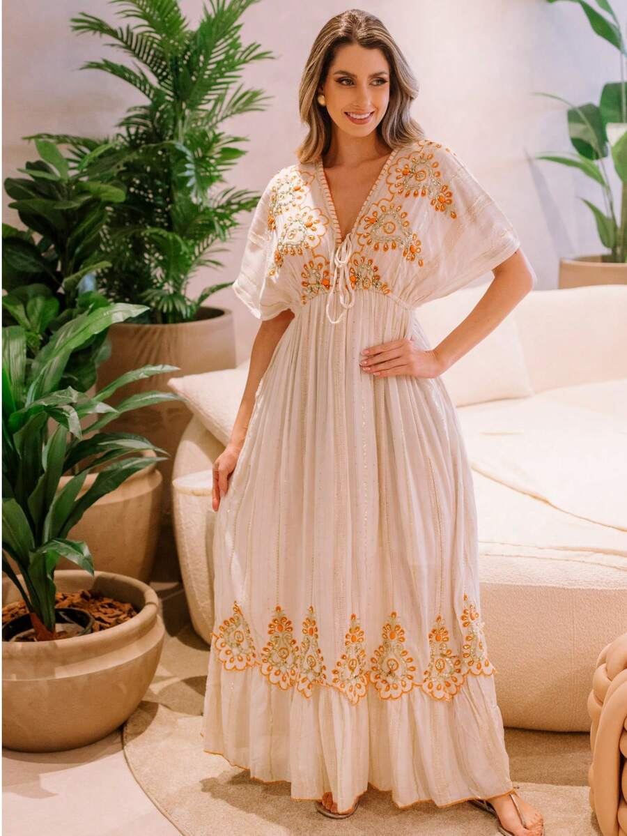 Boho Chic Long Dress With Batwing Sleeves 03-08 - Naranja - Ver 1