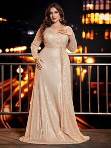 XUIBOL Sequin Embellished V-Neck Twist Waist Long Formal Dress With Elegant Design For Plus Size Women (Heavy Beading) - Champagne - View 2
