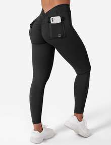 YEOREO Leggings With Pockets For Women V Back Scrunch Workout Leggings Tummy Control Butt Lifting Gym Yoga Leggings Yoga Pants For Women Winter Clothes For Women Black Pants - 黑色 - 查看 4