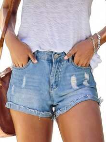 Front Button Closure Multi-Pocket Distressed Vintage Washed Denim Shorts, Casual Everyday Wear, Spring/Summer - Light Wash - View 5