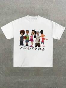 Plus Size Men's,The Proud Family Cartoon Character "Culture" Graphic Tee,(1 Pcs )100% Cotton Casual Printed T-Shirt,Crew Neck Short Sleeve,220g  Cotton T-Shirt - 白色 - 查看 1