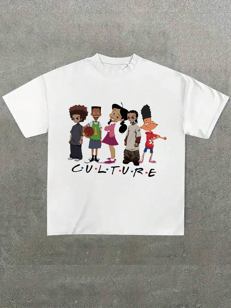 Plus Size Men's,The Proud Family Cartoon Character "Culture" Graphic Tee,(1 Pcs )100% Cotton Casual Printed T-Shirt,Crew Neck Short Sleeve,220g  Cotton T-Shirt - 白色 - 查看 1