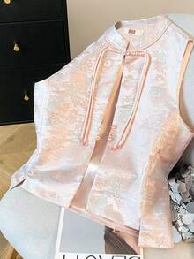 优雅中国风手工纽扣立领提花缎背心唐装春夏装 - 粉色 - 查看 4