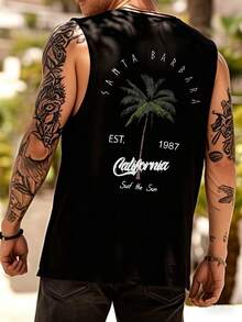 Open Phase Men's Holiday Casual Coconut Tree & Letter Print Tank Top, Emo Spring To Summer - Black - View 5