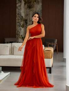 One-Shoulder Layered Bridesmaid Prom Dress - 紅陶 - 查看 1
