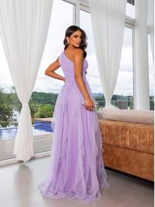One-Shoulder Layered Bridesmaid Prom Dress - Lilac With Shine - View 3