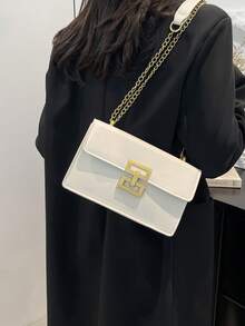 1 Stück Damen Mode minimalistischer quadratischer PU Umhängetasche, vielseitige kleine Messenger Tasche, Kettengurt - Weiss - Übersicht 3