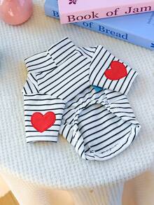 PETCIRCLE 1 件适合小型犬和幼犬的宠物衣服，可爱心形设计黑白条纹汗衫 - 黑色 - 查看 7