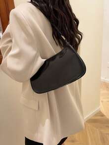 纯色极简拉链单肩包，时尚新月形包，拉链单肩包，仿皮纯色钱包，酒红色内衣收纳袋，理想的新年礼物，时尚酒红色内衣收纳袋 - 黑色 - 查看 4