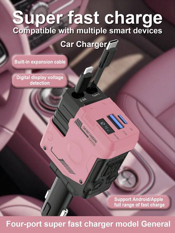 Retractable Car Charger With Retractable Cable (31.5 Inch), 4 In 1 Super Fast Car Phone Charger, 2 USB Ports Adapter, Compatible With IPhone 15 14 13 12 11 Pro Max, IPad, Pixel,Practical Gift