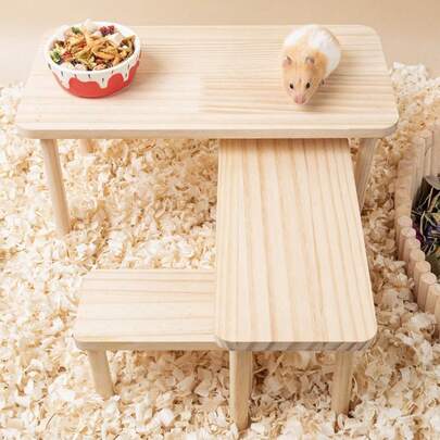1件/套 耐用双层木制仓鼠躲藏屋/波浪形攀爬梯，防啃咬稳固装饰攀爬木平台，适合小型宠物四季使用
