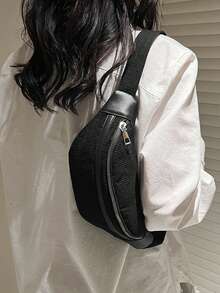 Solid Color Versatile Striped Women Shoulder Chest Bag - Black - View 2