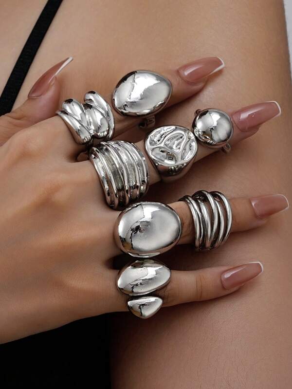 Set de 8 piezas/3 piezas de anillos geométricos de plata asimétricos, lisos y huecos, con estilo retro, creativos, como regalo para mujeres para cumpleaños, vacaciones, citas, fiestas y combinación diaria