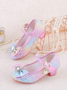 闪亮彩虹公主女孩高跟鞋，闪亮粉色和紫色正装鞋，带有珍珠和水钻装饰，防滑橡胶鞋底，钩环扣，适合表演、派对和特殊场合 - 粉色 - 查看 5