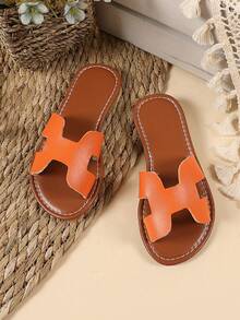 1 par de sandalias planas de color naranja talla grande para niñas, sandalias de PU de unicolor cómodas con tira, puntera redonda, antideslizantes, lindas y adecuadas para niños y niñas de 3 a 15 años, para uso diario, casual, fiesta, viaje, nueva llegada primavera/verano 2026 - Naranja - Ver 2