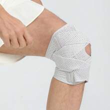 1 Pc- Adjustable Compression Knee Brace With Side Stabilizers For Meniscus, Bidirectional Cross Winding Straps, Breathable, Open Knee Compression Sleeve For Working Out Running, Knee Support For Men & Women (A Single One, Not A Pair/ Grey/ Black) Gym Accessories Knee Support Sports Knee Pads Gym Knee Pads