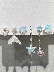 6 Pairs Elegant Mermaid Tail, Seashell, Starfish Design Faux Pearl Stud Earrings, Minimalist Daily Earring Set - 彩色 - 查看 1