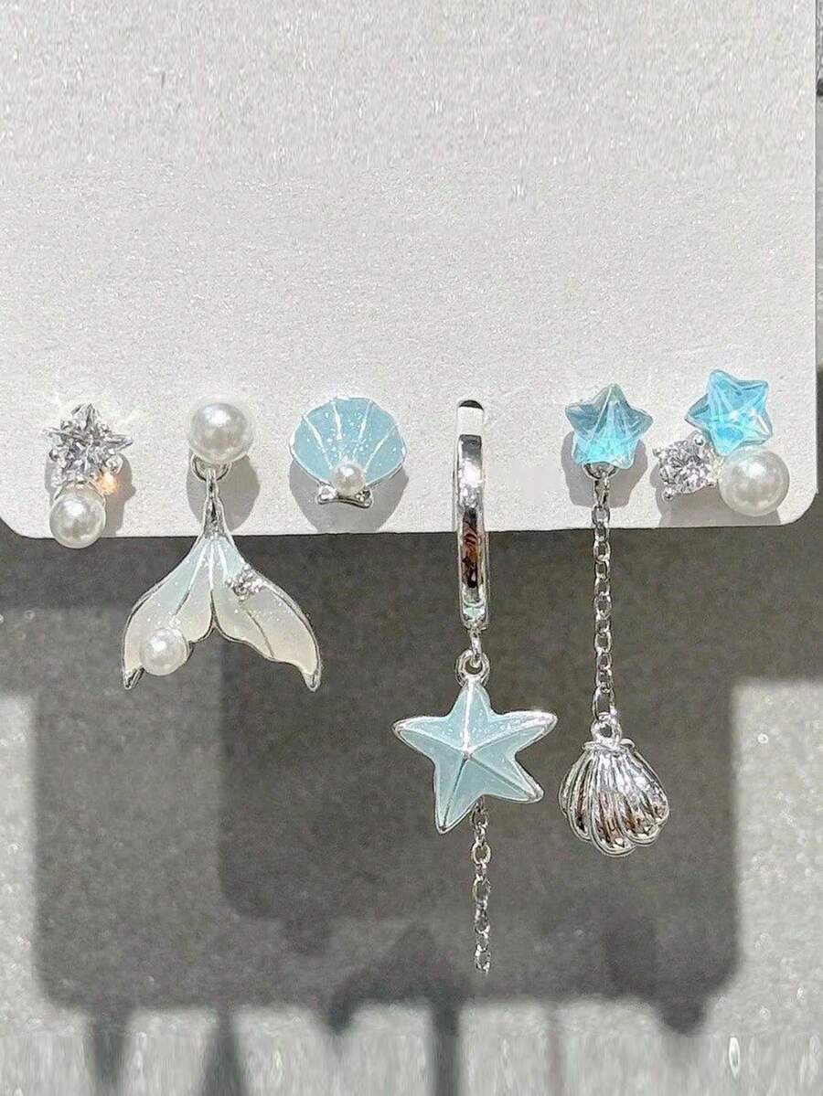 6 Pairs Elegant Mermaid Tail, Seashell, Starfish Design Faux Pearl Stud Earrings, Minimalist Daily Earring Set - 彩色 - 查看 1