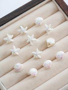 12/24pcs Starfish & Shell Hair Clips, Adorable Beach-Style Hair Accessories, Craft Making Supplies, Gifts For Women & Girls, Suitable For Daily Hair Decorations Claw Clips Hair Claws Hair Barrettes, School Stuff, Best Friend Gifts - 白色 - 查看 9