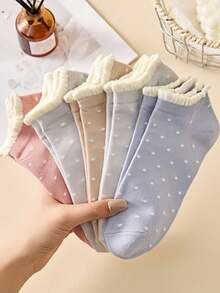 5/6 Pairs Women Cute Floral Polka Dot Personalized Short Socks, Suitable For Daily Wear At Home And Outdoors, All Season - Multicolor - View 3
