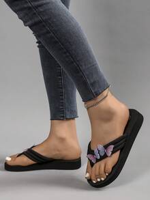 Women's Flat Slide Sandals - Black Flip Flops With Rhinestone Butterfly Decor, Soft Wedge Heels, Suitable For Beach, Outdoor, Travel - Black Purple - View 3