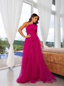 One-Shoulder Layered Bridesmaid Prom Dress - Màu Hoa hồng đỏ - Xem 2