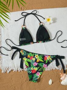 Summer Newest Floral Print Halter Tie Up Sexy Bikini Set - Multicolor - View 3
