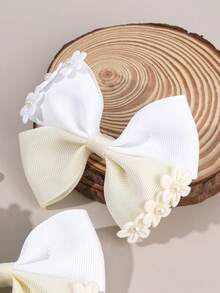2pcs Flower Hair Bow Clips For Girls, Beige Bow Alligator Clips With Pearls, Elegant Hair Grosgrain Ribbon Barrettes, Toddler Girl Pigtail Hair Clips, Spring Birthday Wedding Gift, Kids Floral Hair Accessories. - Beige - View 7