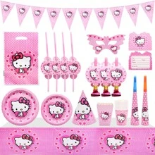 Sanrio Suministros para fiestas de cumpleaños temáticas de Anime Hello Kitty en color rosa, decoraciones de Año Nuevo como banderines, bolsas de regalo, vasos, platos y pañuelos desechables de papel