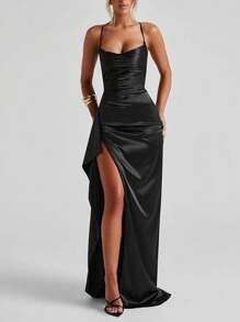 Vestido de satén con pliegues elegante para mujer WOWDARK con abertura lateral, de moda y encantador para Navidad y otoño