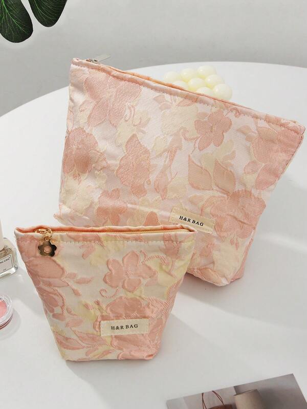 1 pieza Bolsa de maquillaje con flores estampadas en color rosa, estilo jardín, con cremallera portátil para almacenamiento de cuidado de la piel, bolsa de viaje para artículos de tocador, con forro de lienzo, regalo para damas de honor, mamá, cumpleaños, amigos y maestros, decoración del hogar, baño, sala de estar, dormitorio, organizador de baño, organizador de joyas, organizador de bálsamo labial, organizador de esmalte de uñas
