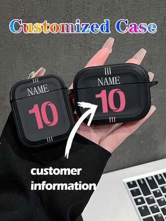 1 pièce Coque de protection souple en TPU rose personnalisable avec nom et numéro en anglais imprimés, avec revêtement gris, compatible avec les AirPods 1/2, 3, 4 et Pro. Minimaliste et haut de gamme, pour un usage quotidien.