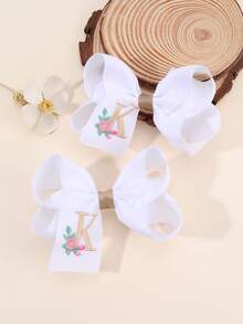 2 piezas Clips para el cabello con bordado floral lindo de 26 letras y lazo, accesorios para el cabello tipo pato para niñas, adecuados para decoración diaria - Multicolor - Ver 28