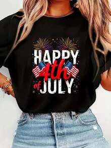 Happy 4th Of July Patriotic American US Flag T-Shirt Print T-Shirt Casual Crew Neck Short Sleeve Comfort Tee Top For Spring & Summer Women's Clothing