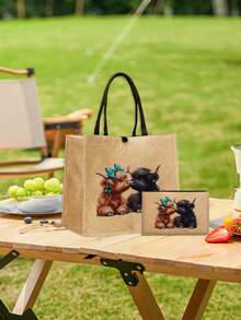 Adorable Highland Cow Printed Tote Bag, Large Capacity Tote Bag,Tote Bag And Makeup Pouch Set,Lightweight Large Capacity Tote Bag, Reusable Burlap Shopping Bag, Portable Travel Beach Bag With Makeup Bag, Travel Handbag For Holiday Vacation Weekend Getaway Short Trip,Personalized Birthday Gifts Present For Friend Her,Teacher's Day, Nurse's Day, Birthday, Anniversary, Best Gift For Mother's Day, Cute Highland Cow Bag For Women