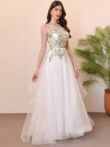 3D花卉新娘婚纱露背彩色拍摄礼服长裙2025年毕业礼服 - 米色 - 查看 4
