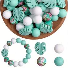 Juego de 25/30/33/34 piezas de cuentas de silicona, adecuado para hacer joyas DIY - Cuentas de enfoque para bolígrafos, collares y llaveros - Juego de cuentas de regalo artesanal, apropiado para hacer joyas, cuentas espaciadoras - Serie de hojas DIY - Ver 16