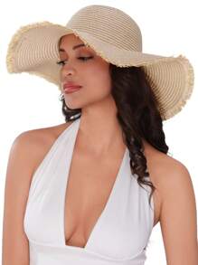 1pc Grass Edge Banding Women Solid Boho Straw Hat For Vacation Fashionable Women's Spring/Summer Beach Hat With Wide Brim, Sun Protection, And Personalized Woven Straw Hat For Travel And Vacation Bow