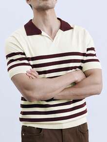 Officeau 春夏新款男士毛衣，复古商务休闲宽松条纹短袖V领套头针织衫，春夏皆宜 - 白色 - 查看 4