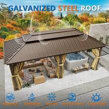 tooluck 12x20 Hardtop Gazebo With Metal Roof, Heavy Duty Galvanized Steel Gazebo With Reinforced Aluminum Frame, Flame-Resistant Curtains And Netting, Suitable For All-Weather, Brown - Brown - View 6