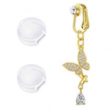 Fake Belly Button Piercing With Silicone Pads Clip Belly Button Piercing Fake Belly Button Piercing Ring Butterfly, Heart Pendant, Non-Pierced Jewellery, Pack Of 3 - Multicolor-2 - View 15