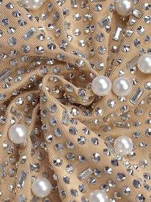 Vestido negro y dorado de manga larga y corto con detalles de malla, strass y lentejuelas, elegante para mujer, para primavera y verano, ideal para fiestas, graduaciones, cenas y festivales - Albaricoque - Ver 8