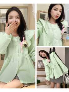 Damska elegancka bluzka z długim rękawem i falbaną w stylu francuskim, luźna plisowana bluzka z okrągłym dekoltem, wiosna/lato