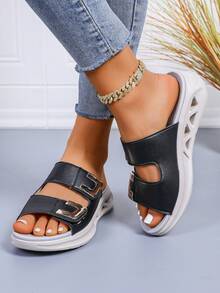 2025 New Summer Sports Sandals For Women - Lightweight Open-Toe Cushioned Shock-Absorbing, Hook And Loop Thick-Soled Casual Slippers, Beach Shoes Suitable For Spring/Summer Vacation, Bottom Hollow Design For Water - Black - View 6