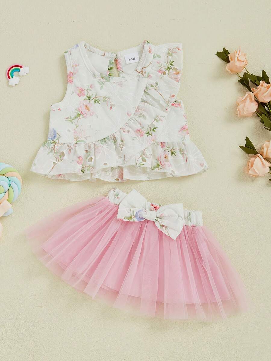 Toddler Baby Girl Summer Outfit Flower Pattern Ruffled Crew Neck Sleeveless Tops And Bow Mesh Skirt 2 Pcs Set - White - View 1