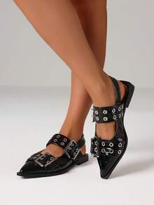Women's Wide Buckle Ballet Flat Pumps Punk Fashion Metal Pointed Toe Chunky Heel Casual Comfy Party Street Slingback Ballerina Shoes - Black Stone Veins - 查看 2