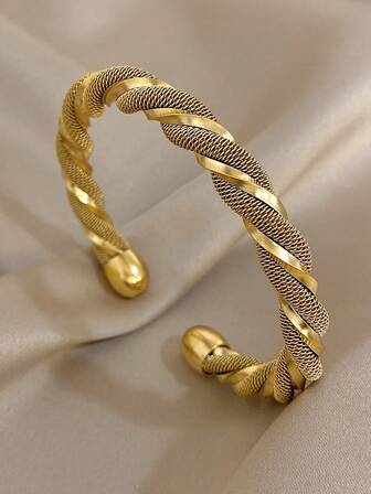 1 件复古扭纹手链金色开口手镯女士不锈钢手链派对日常珠宝生日圣诞礼物