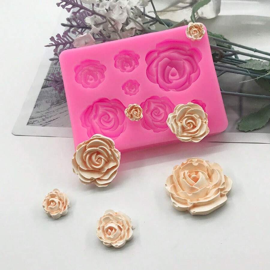 7-In-1 Silicone Rose Flower Molds, Chocolate Mold Cake Decorating Tools Fondant Baking Supplies - Pink - View 1